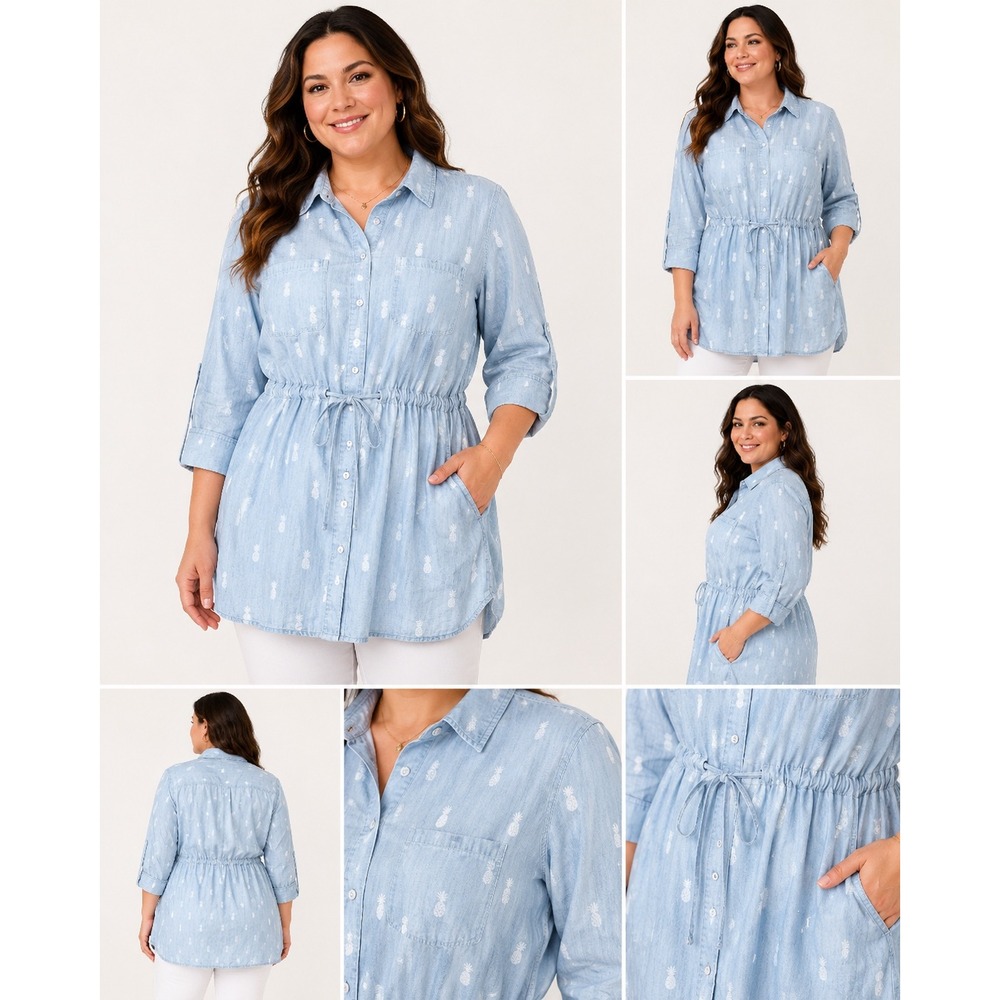 Intro.- Blue Pineapple‎ Print Chambray Tunic Shirt Drawstring Waist Plus Size